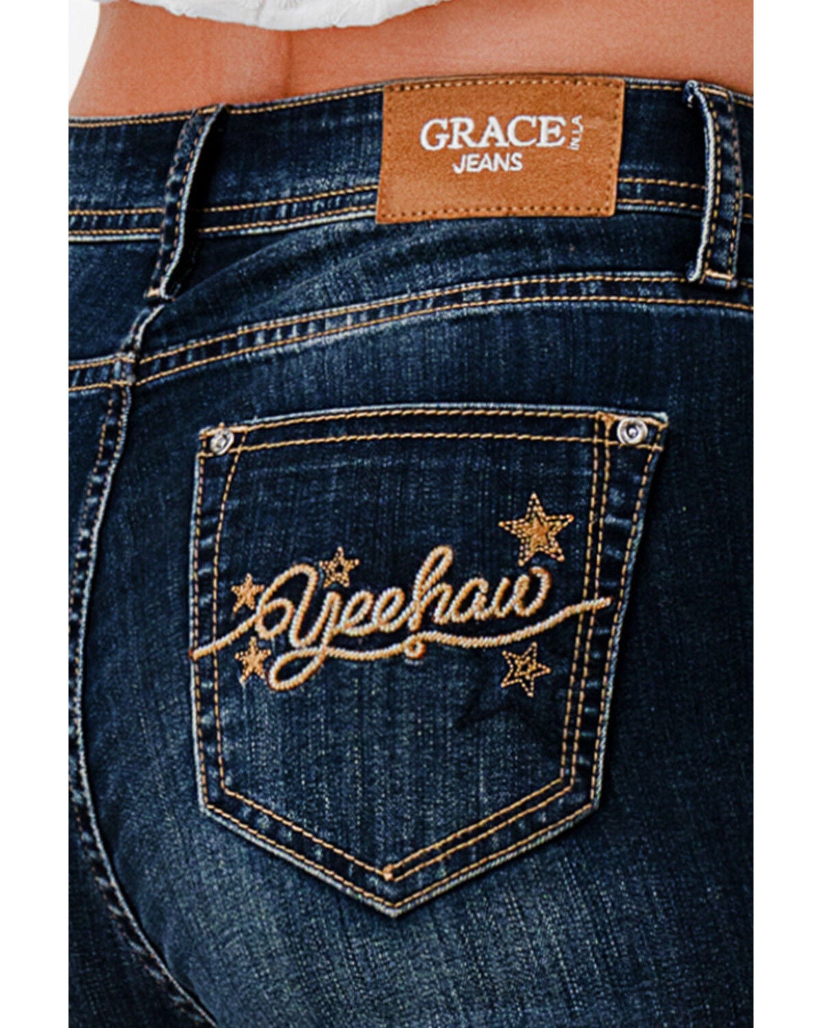 Image #3 - Grace in LA Women's Dark Wash High Rise Howdy Pocket 32" Straight Stretch Denim Jeans, Dark Wash, hi-res