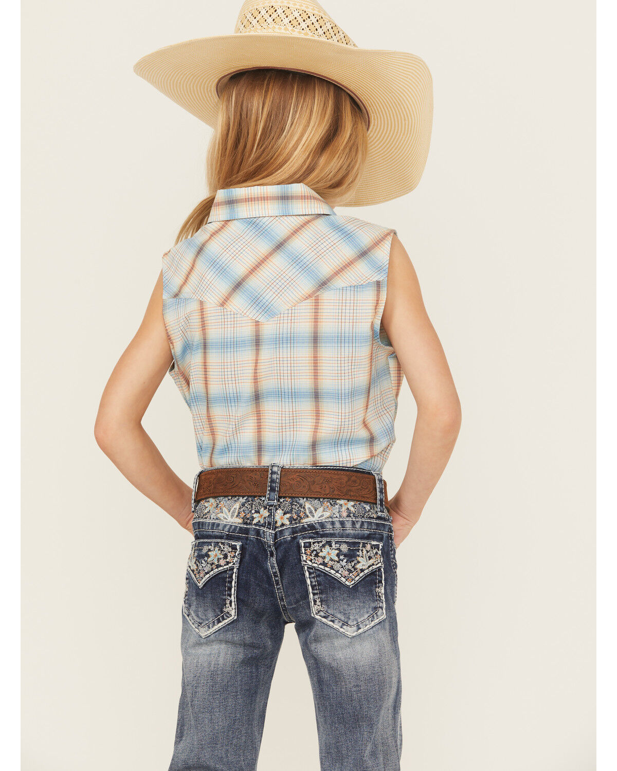 Image #4 - Ely Walker Girls' Plaid Print Sleeveless Snap Western Shirt, Blue, hi-res