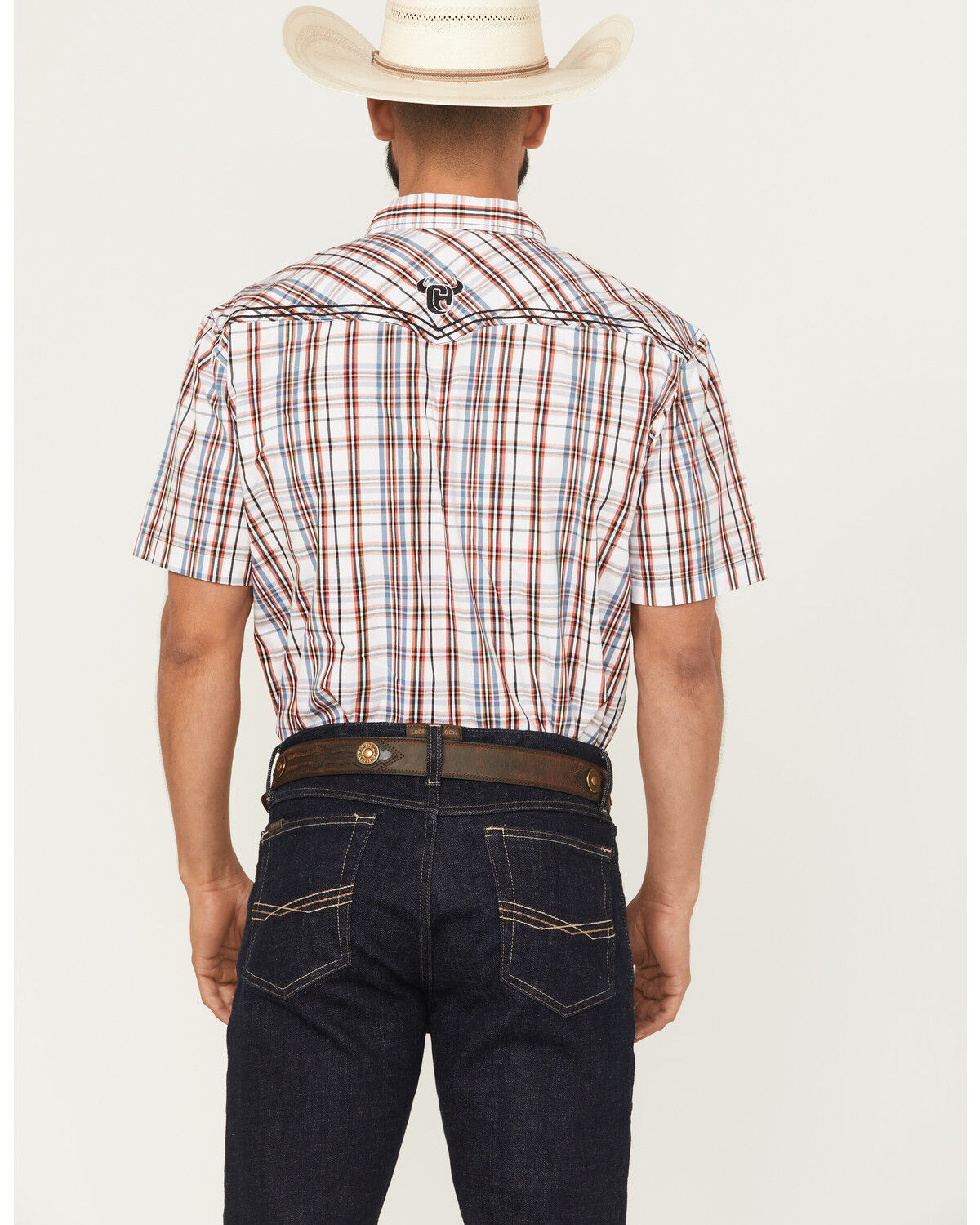 Image #4 - Cowboy Hardware Men's Austin Plaid Print Short Sleeve Snap Western Shirt, Orange, hi-res