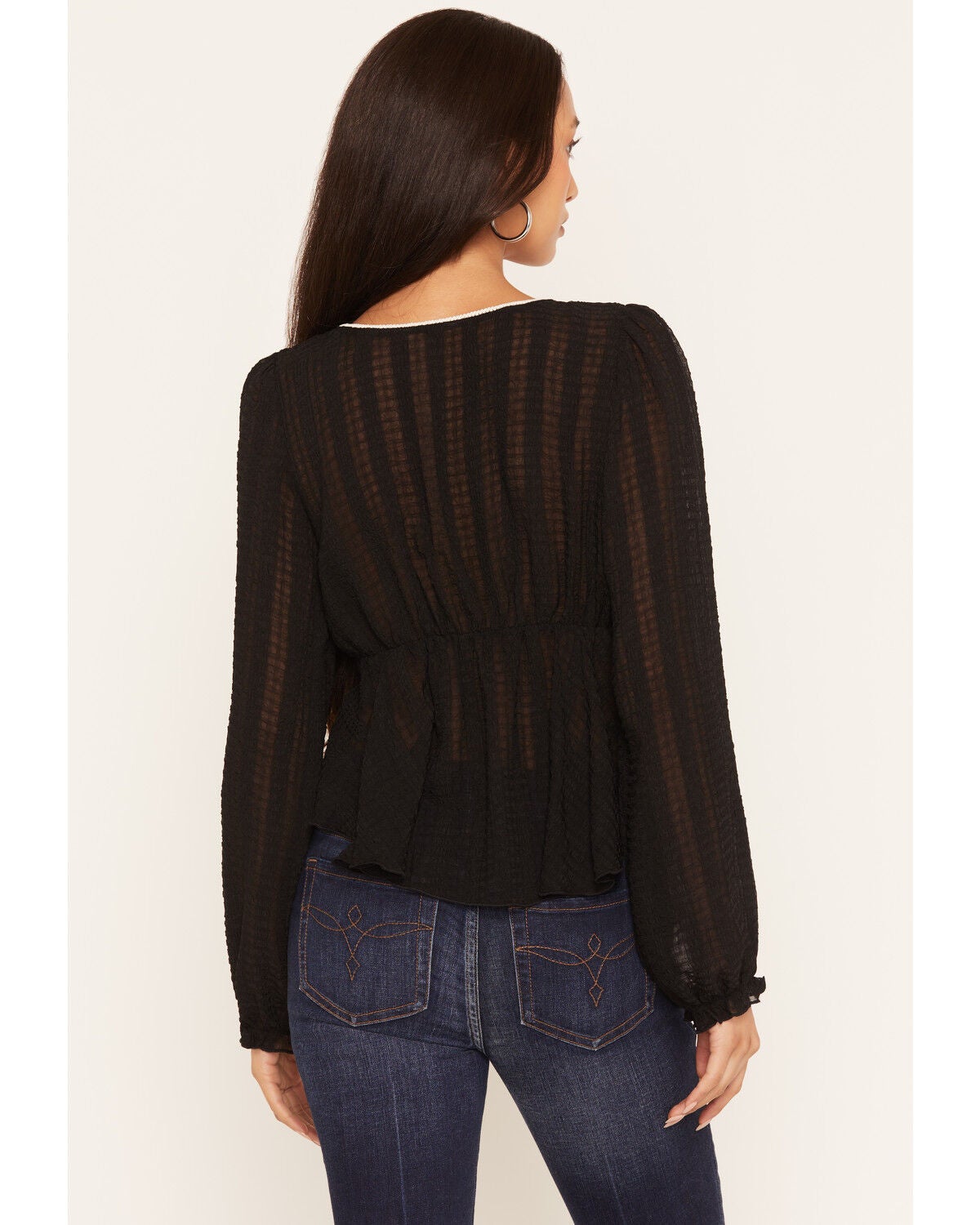 Image #4 - Wild Moss Women's Solid Bow Trim Long Sleeve Top, Black, hi-res