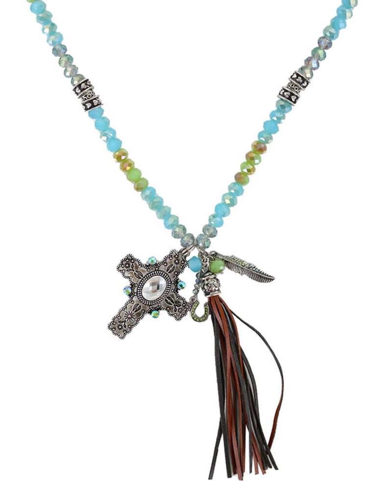Shyanne Women's Cross and Fringe Tassel Necklace, Silver, hi-res