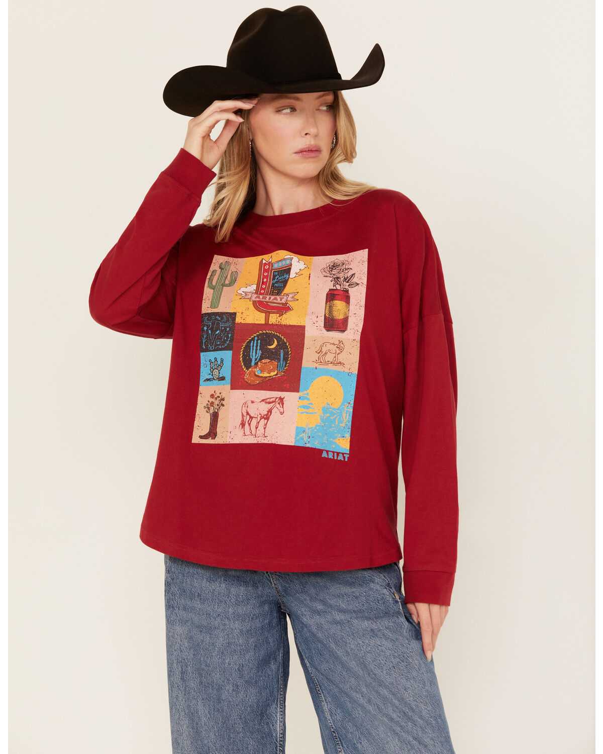 Image #1 - Ariat Women's Desert Graphic Long Sleeve Graphic Shirt, Red, hi-res