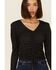 Moa Moa Women's Cinch Front Brushed Hacci Ribbed Top , Black, hi-res