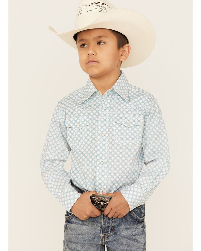 Wrangler 20X Boys' Geo Print Long Sleeve Western Snap Shirt , White, hi-res