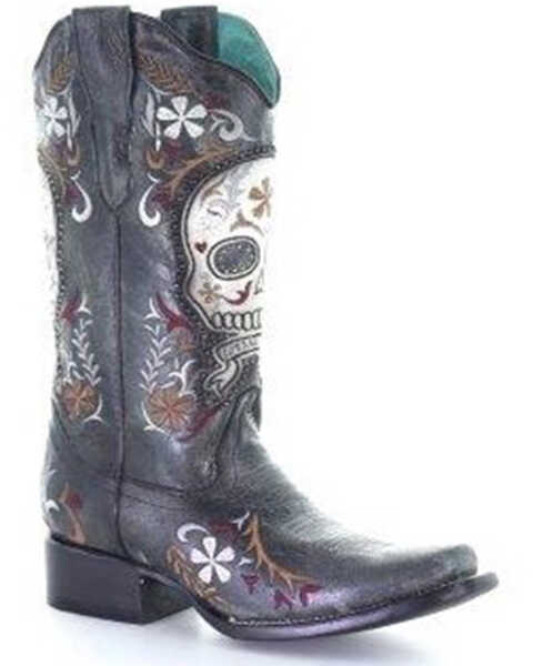 Image #1 - Corral Women's Black Skull Overlay Western Boots - Square Toe, Black, hi-res
