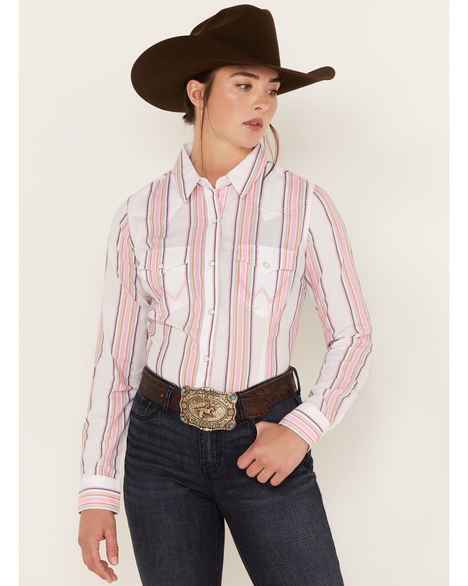 Wrangler Women s Striped Long Sleeve Western Pearl Snap Shirt