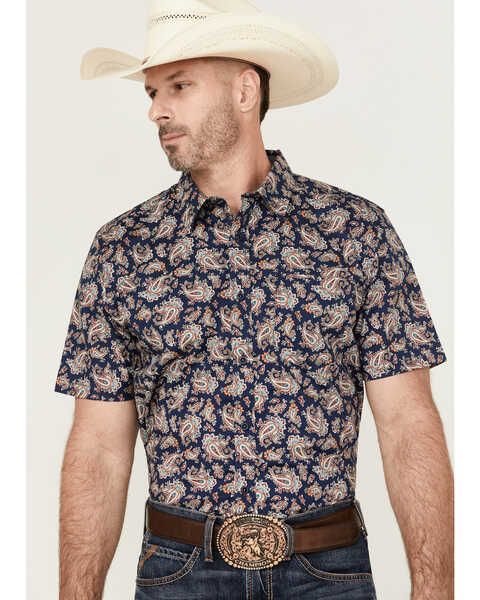 Cody James Men's Grand Finale Paisley Print Short Sleeve Button-Down Stretch Western Shirt , Navy, hi-res
