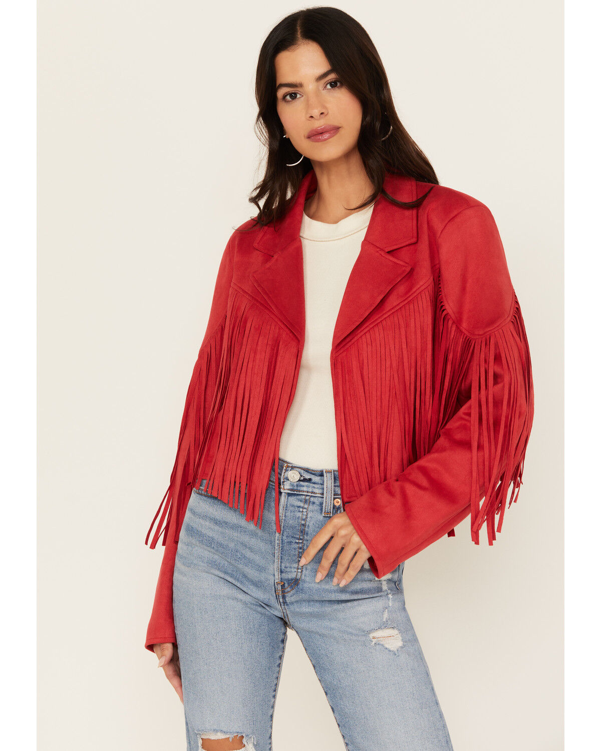 Image #1 - Saints & Hearts Women's Faux Suede Cropped Fringe Jacket, Red, hi-res