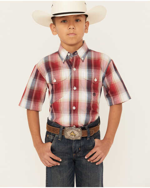 Roper Boys' Amarillo Plaid Print Short Sleeve Western Button Down Shirt, Red, hi-res