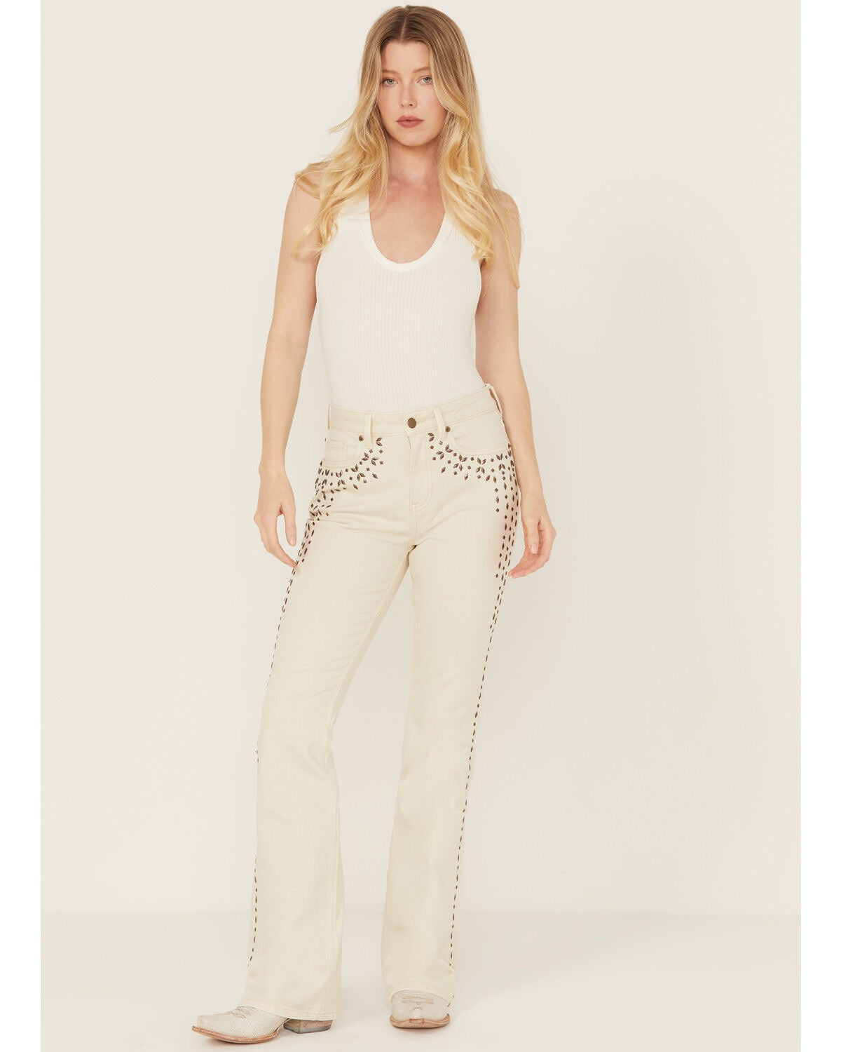 Wonderwest Women's Birch High Rise Studded Slim Bootcut Rigid-Like Stretch Denim Jeans, White, hi-res