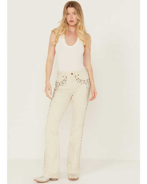 Image #1 - Wonderwest Women's Birch High Rise Studded Slim Bootcut Rigid-Like Stretch Denim Jeans , White, hi-res