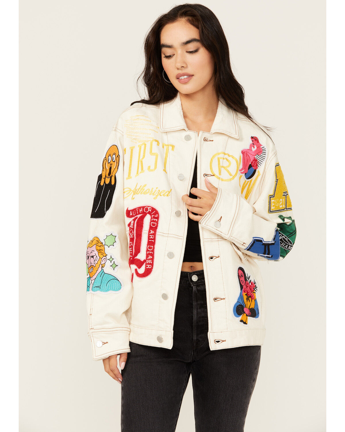 Image #1 - First Row Women's Embroidered Denim Jacket, Khaki, hi-res