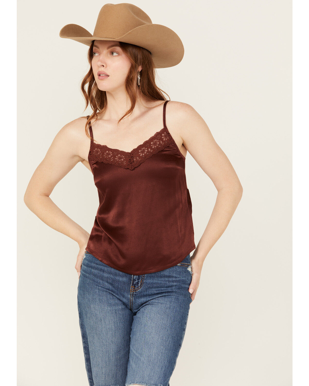 Image #1 - Shyanne Women's Lace Satin Cami, Mahogany, hi-res