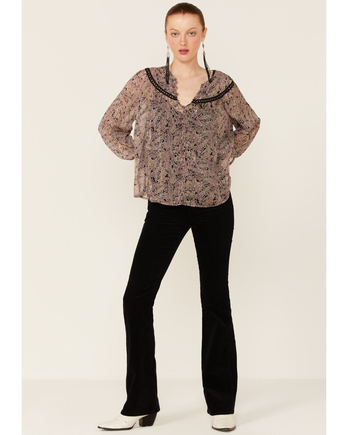 Image #4 - Lovestitch Women's Black Orchid Long Sleeve Lace Trim Peasant Blouse, Lavender, hi-res