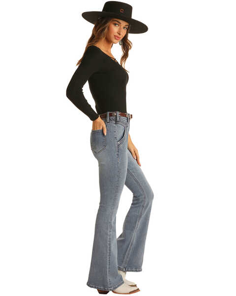 Image #2 - Rock & Roll Denim Women's Light Wash High Rise Flare Denim Jeans, Light Blue, hi-res