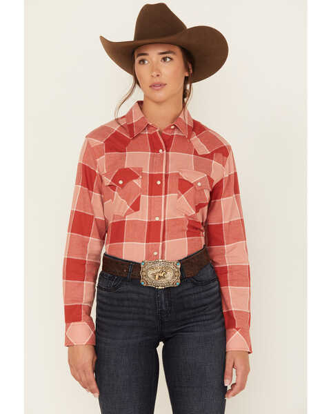 Wrangler Women's Plaid Print Long Sleeve Western Flannel Pearl Snap Shirt, Rust Copper, hi-res
