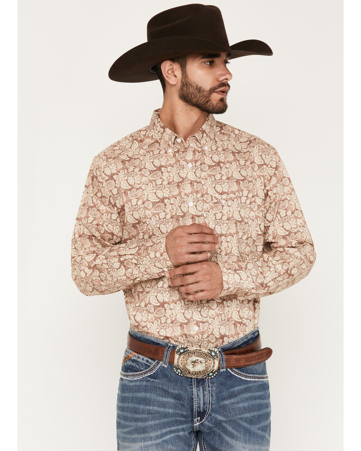 Image #1 - Ariat Men's Boot Barn Exclusive Fynn Paisley Print Long Sleeve Button-Down Western Shirt, Cognac, hi-res