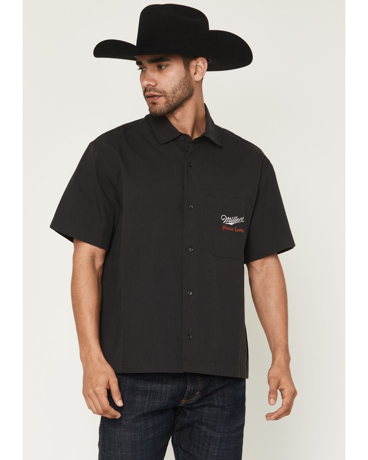 Image #2 - Miller Men's Boot Barn Exclusive Miller High Life Short Sleeve Button-Down Shirt, Black, hi-res