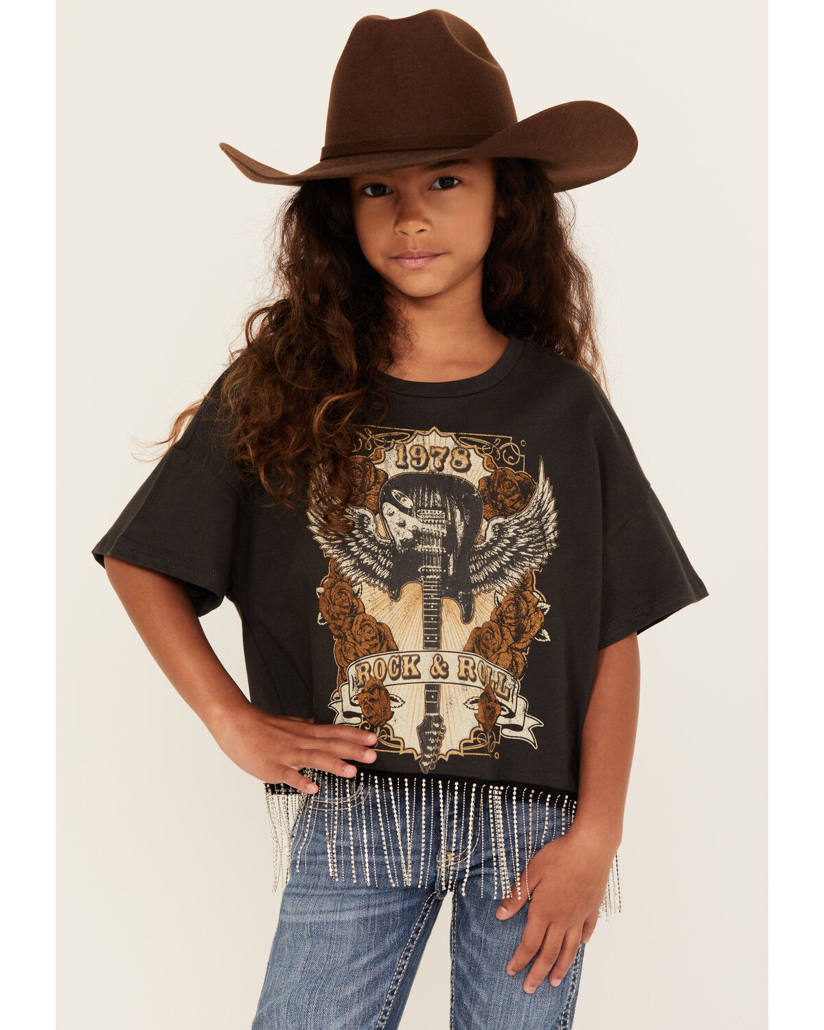 Image #1 - La La Land Girls' Guitar Short Sleeve Fringe Graphic Tee, Black, hi-res