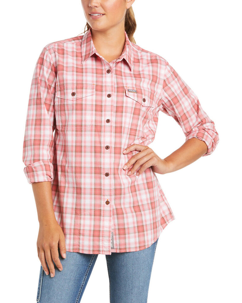 Ariat Women's Calypso Plaid Rebar Made Tough Durastretch Long Sleeve Button-Down Work Shirt , Red, hi-res
