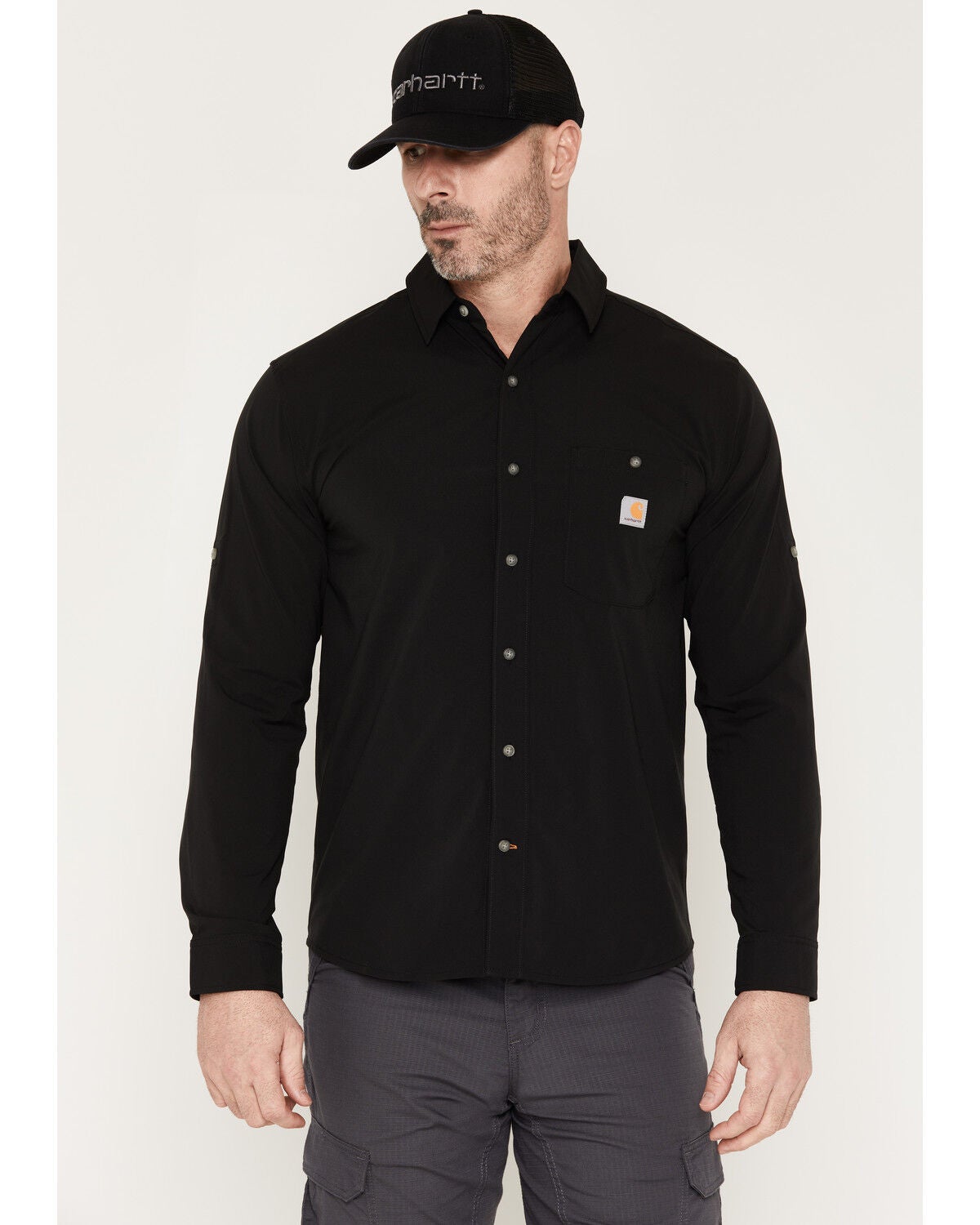 Image #1 - Carhartt Men's Force&reg; Sun Defender&trade; Relaxed Fit Lightweight Long Sleeve Button-Down Work Shirt, Black, hi-res