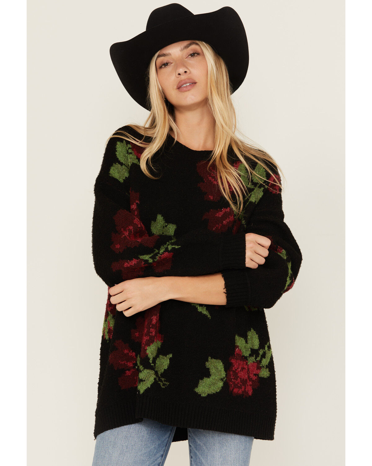 Image #1 - Show Me Your Mumu Women's Rose Print Sweater, Black, hi-res