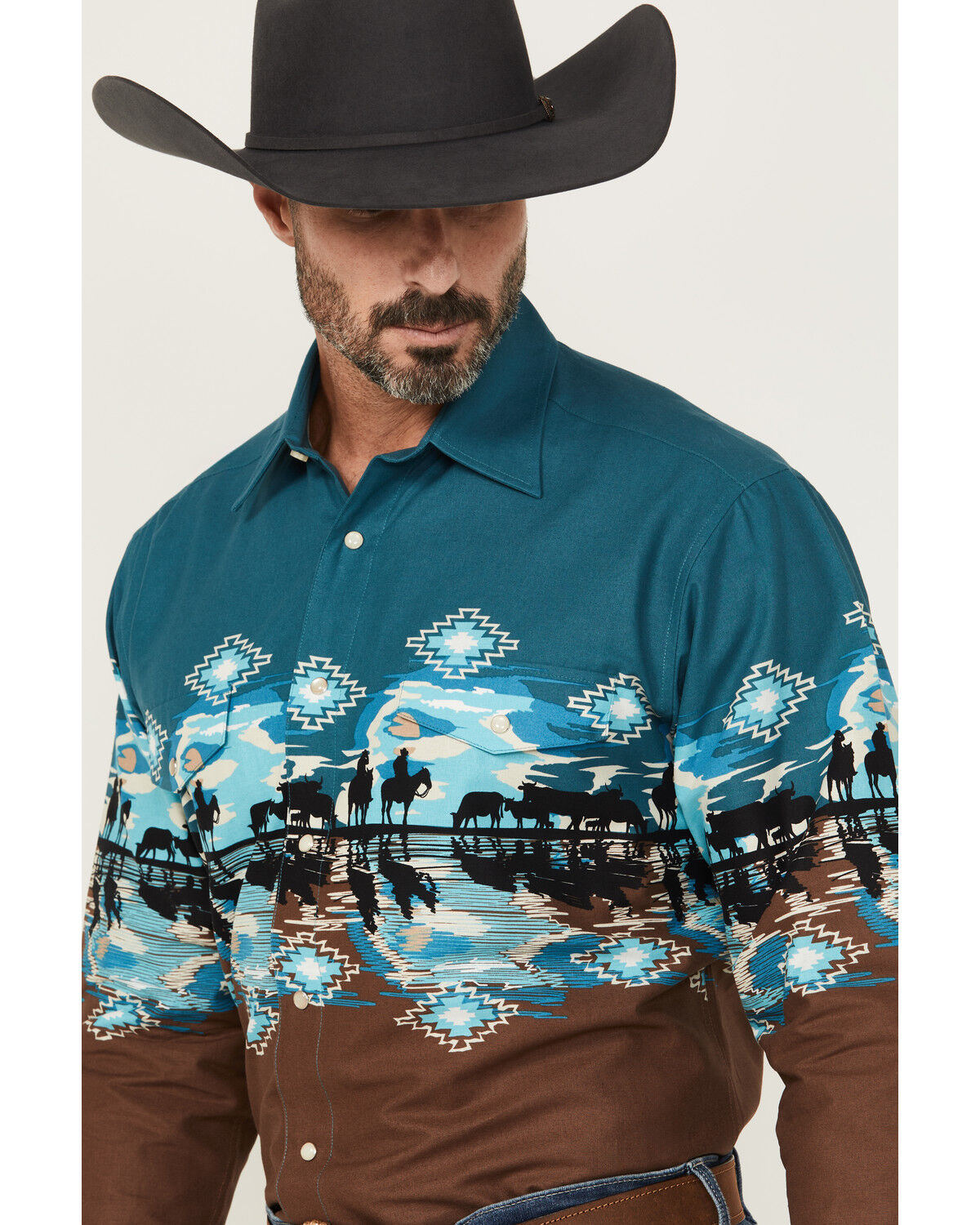 Image #2 - Panhandle Men's Cowboys Southwestern Print Border Long Sleeve Snap Western Shirt, Brown, hi-res