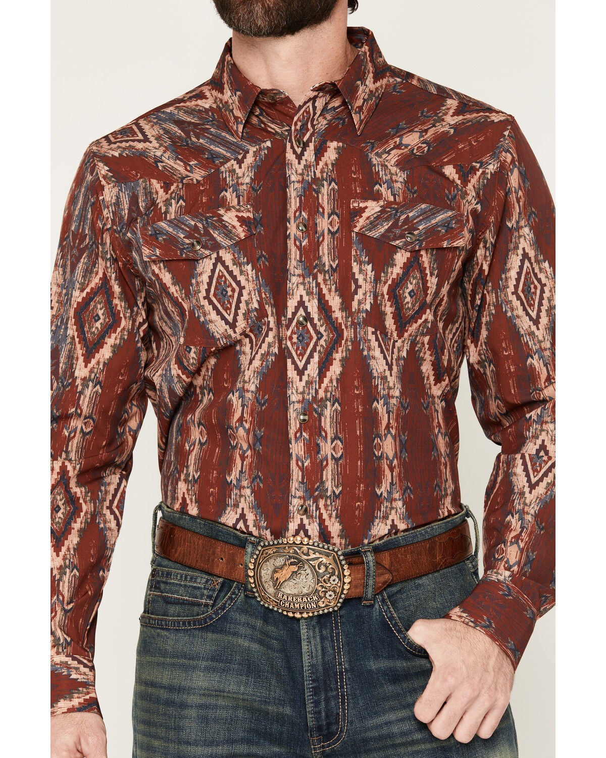 Image #3 - RANK 45&reg; Men's Fireball Southwestern Long Sleeve Snap Stretch Performance Western Shirt, Red, hi-res