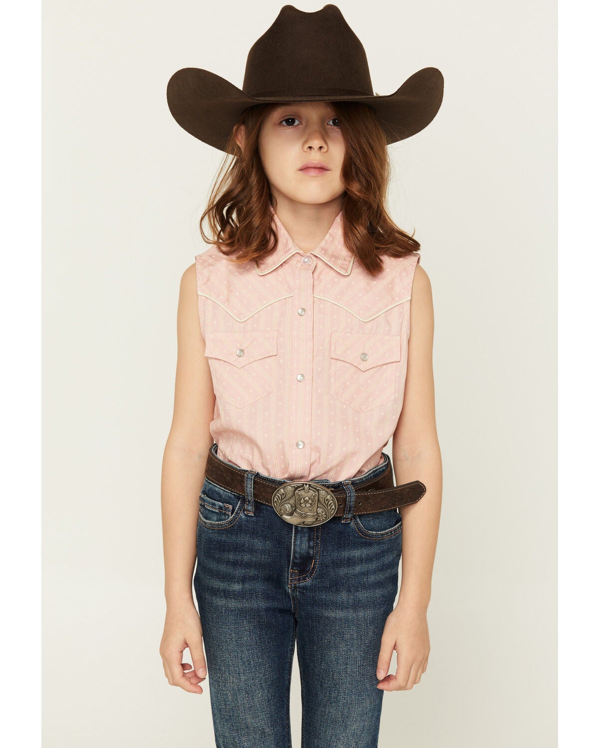 Ely Walker Girls' Striped Western Icon Sleeveless Snap Western Shirt, Pink, hi-res