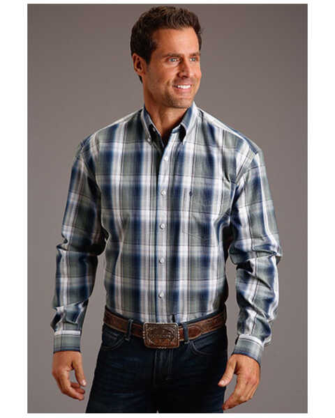 Stetson Men's Dobby Plaid Print Long Sleeve Button Down Western Shirt, Sage, hi-res