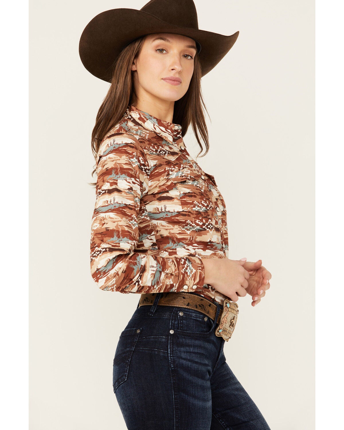 Image #2 - Shyanne Women's Cheyenne Desert Tossed Long Sleeve Snap Stretch Western Shirt, Lt Brown, hi-res