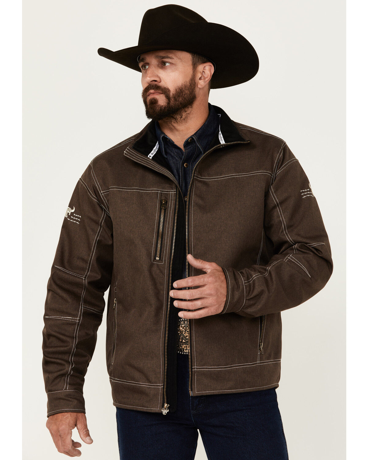 Image #1 - Cowboy Hardware Men's Triple Barb Logo Softshell Jacket, Chocolate, hi-res