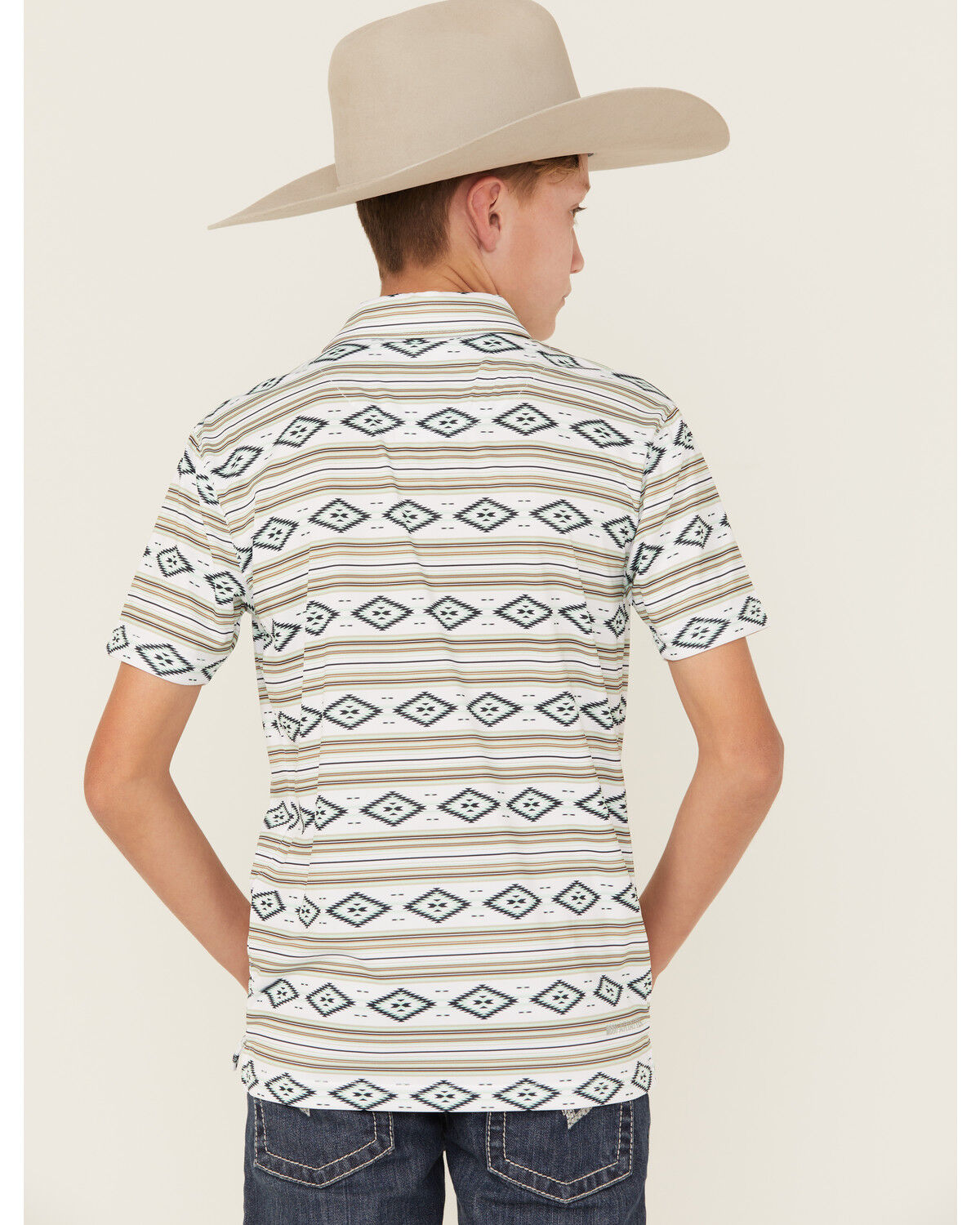 Image #4 - Ariat Boys' Southwestern Print Short Sleeve Button-Down Polo Shirt, Tan, hi-res