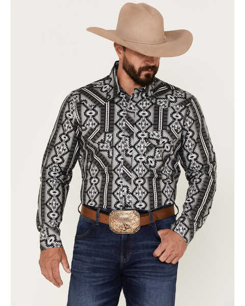 Image #1 - Rock & Roll Denim Men's Southwestern Print Stretch Long Sleeve Snap Western Shirt, Charcoal, hi-res