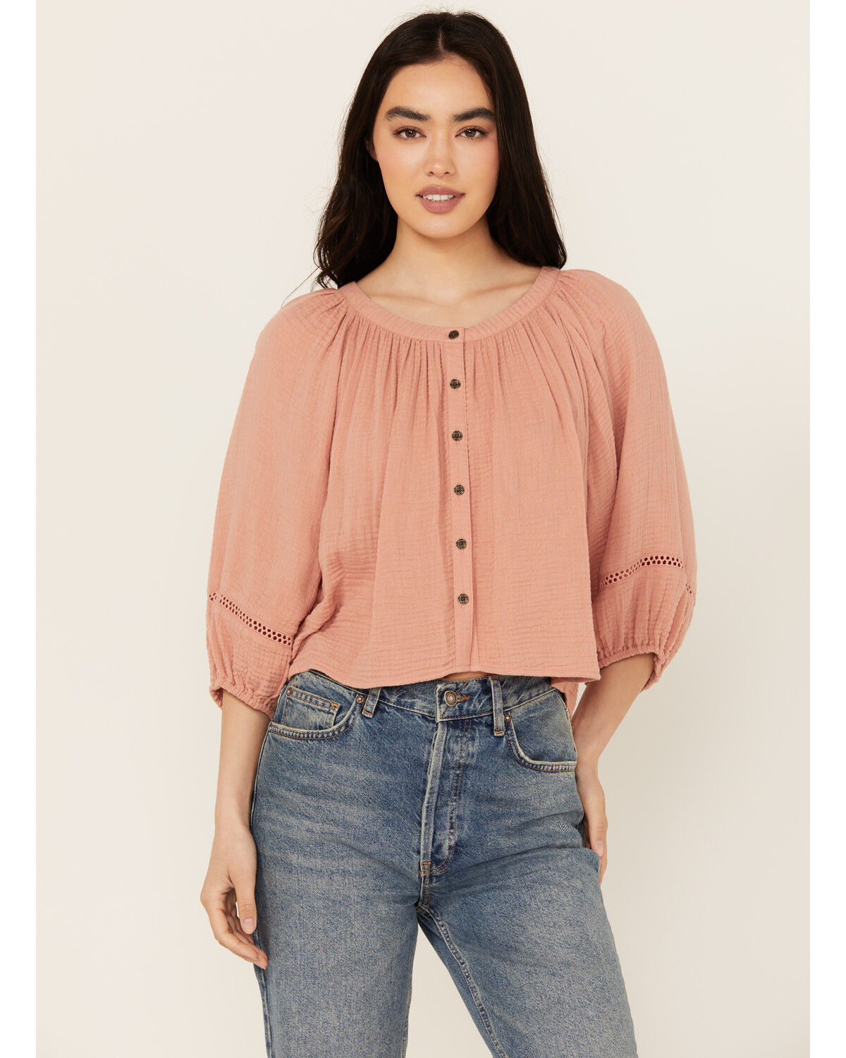 Image #1 - Cleo + Wolf Women's Brie Crochet Trim Long Sleeve Shirt, Peach, hi-res