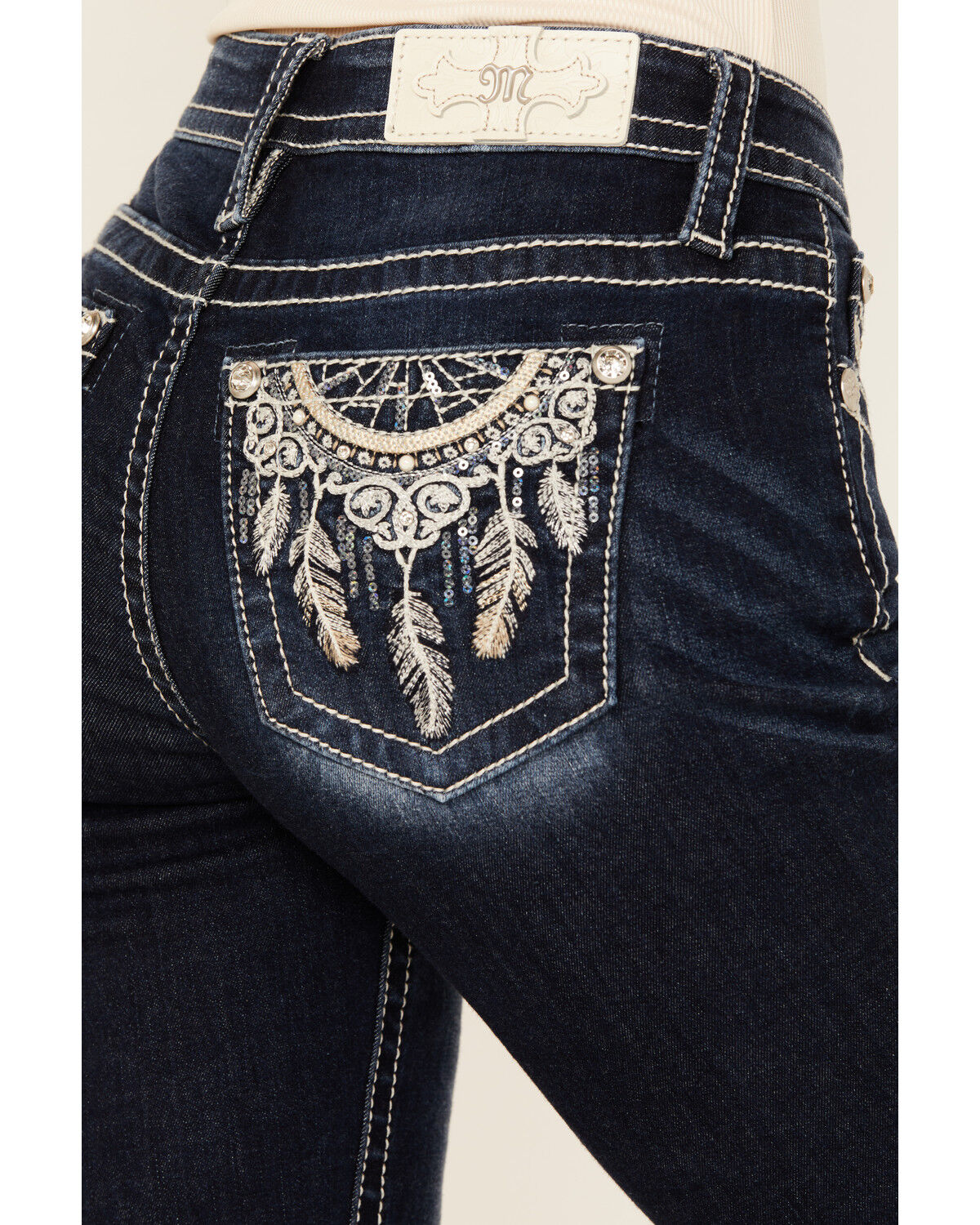Image #2 - Miss Me Women's Dark Wash Mid Rise Dream Catcher Pocket Bootcut Stretch Denim Jeans, Dark Wash, hi-res