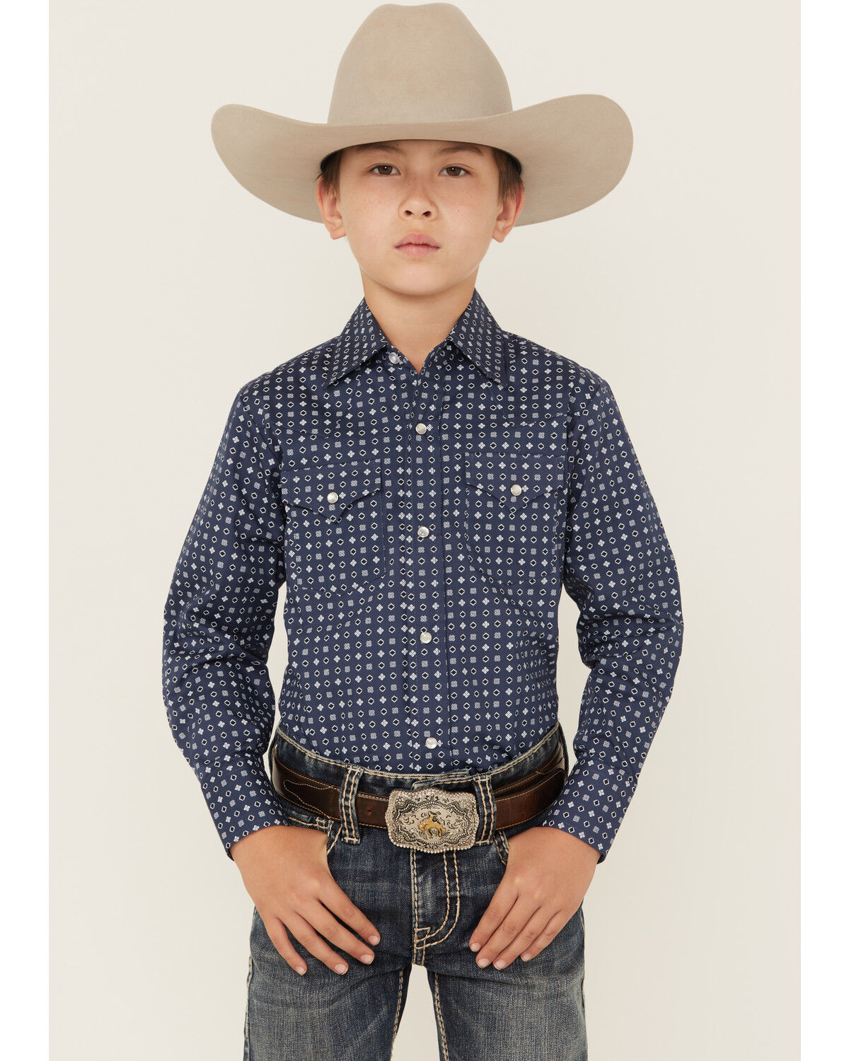 Image #1 - Ely Walker Boys' Geo Print Long Sleeve Snap Stretch Western Shirt, Navy, hi-res