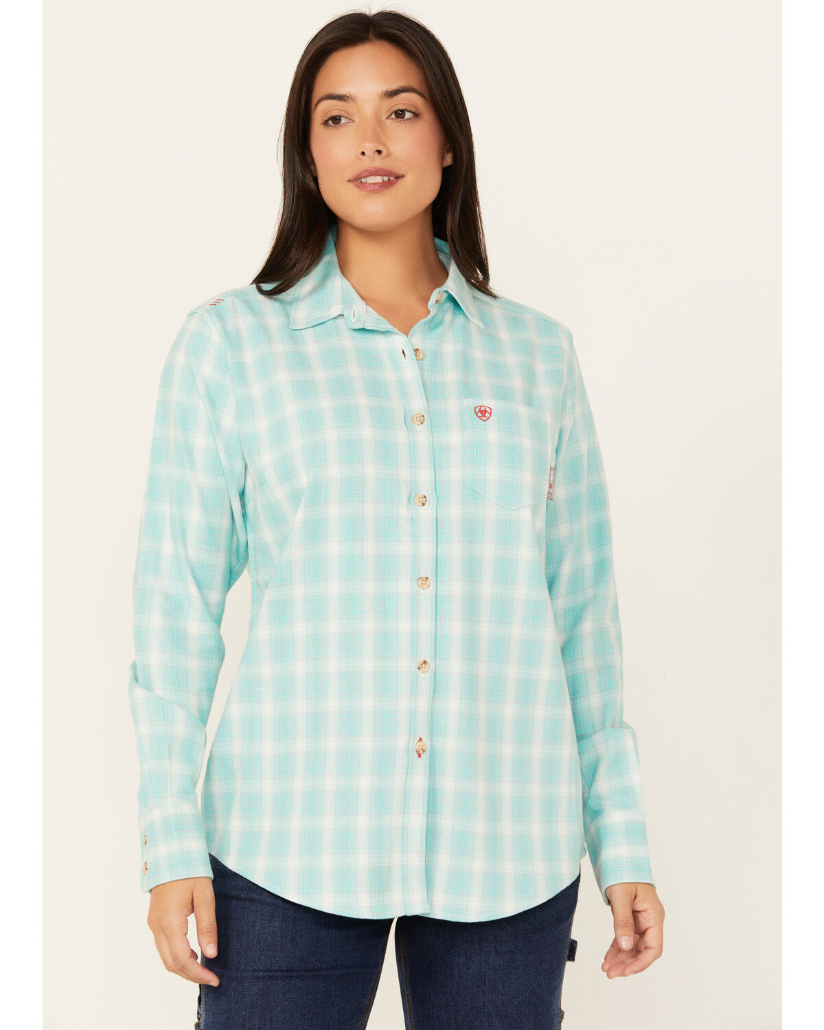 Image #1 - Ariat Women's FR Catalina Plaid Print Long Sleeve Button-Down Work Shirt, Turquoise, hi-res
