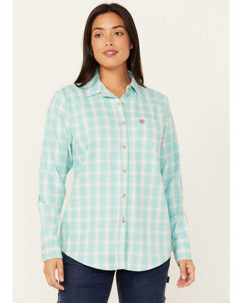 Ariat Women's FR Catalina Plaid Print Long Sleeve Button-Down Work Shirt , Turquoise, hi-res