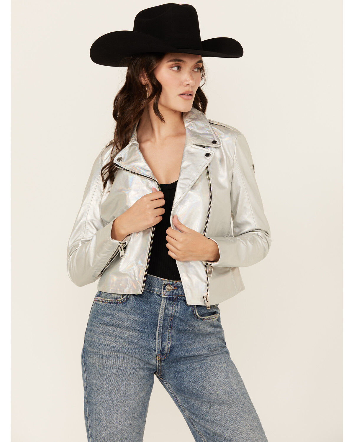 Image #2 - Mauritius Leather Women's Adeni Iridescent Leather Jacket, Silver, hi-res