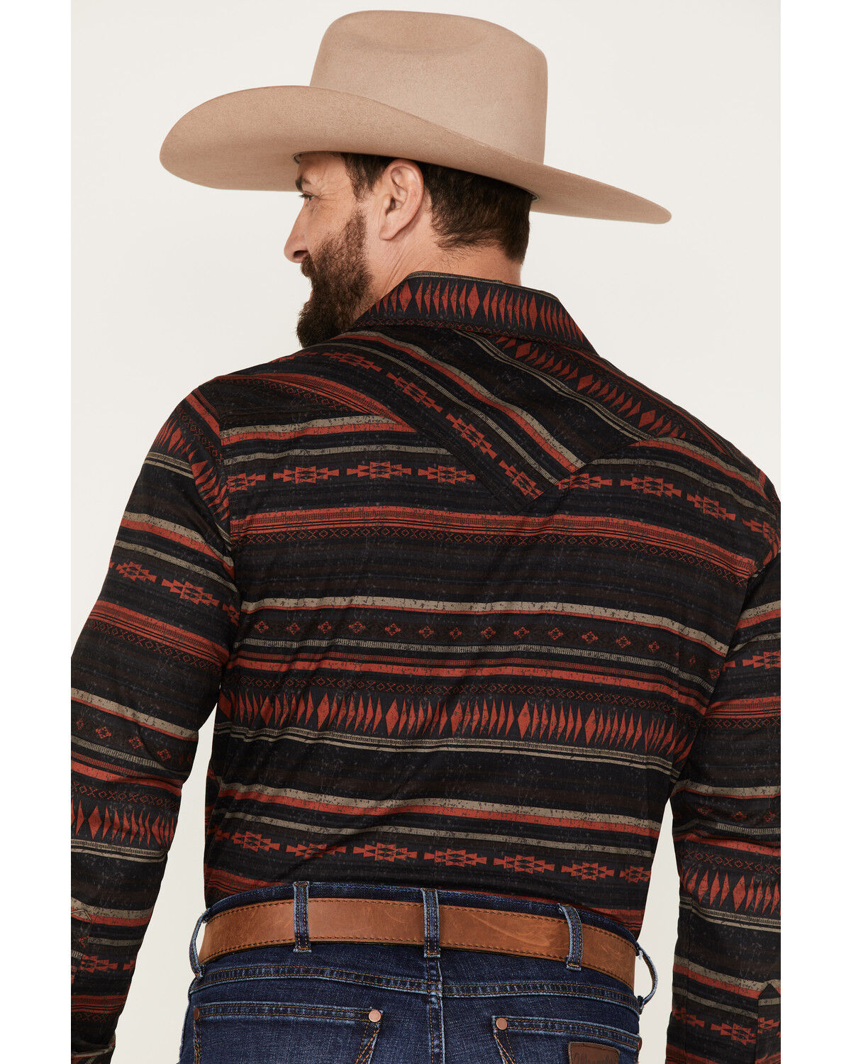 Image #4 - Rock & Roll Denim Men's Southwestern Stripe Stretch Long Sleeve Snap Shirt, Burgundy, hi-res