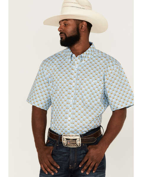 RANK 45® Men's Arena Allover Print Short Sleeve Button-Down Western Shirt , Light Blue, hi-res