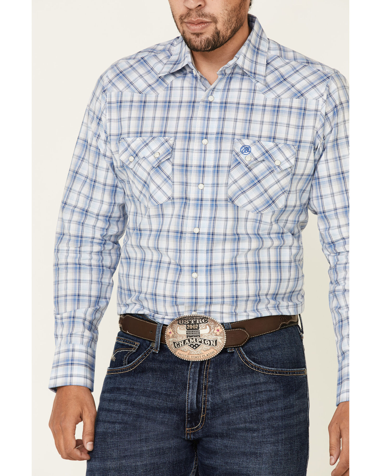 Image #3 - Wrangler Retro Men's Small Plaid Long Sleeve Western Shirt, Blue, hi-res