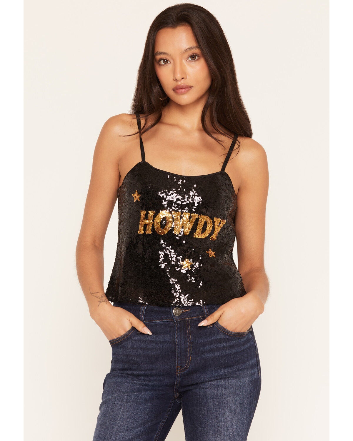 Image #2 - Wonderwest Women's Howdy Sequins Tank, Black, hi-res