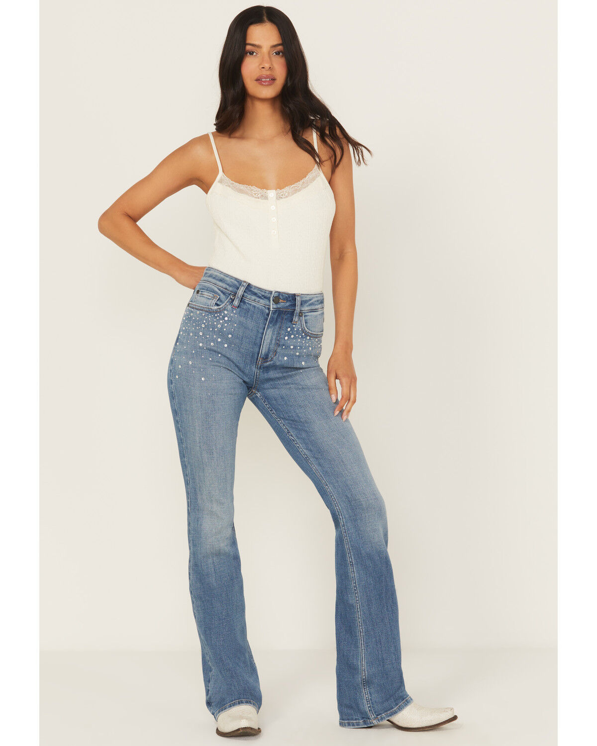 Image #1 - Idyllwind Women's Legend Medium Wash High Rise Rhinestone Studded Bootcut Super Stretch Denim Jeans, Medium Wash, hi-res