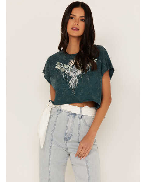 Image #1 - Shyanne Women's Southwestern Eagle Cropped Graphic Tee, Deep Teal, hi-res