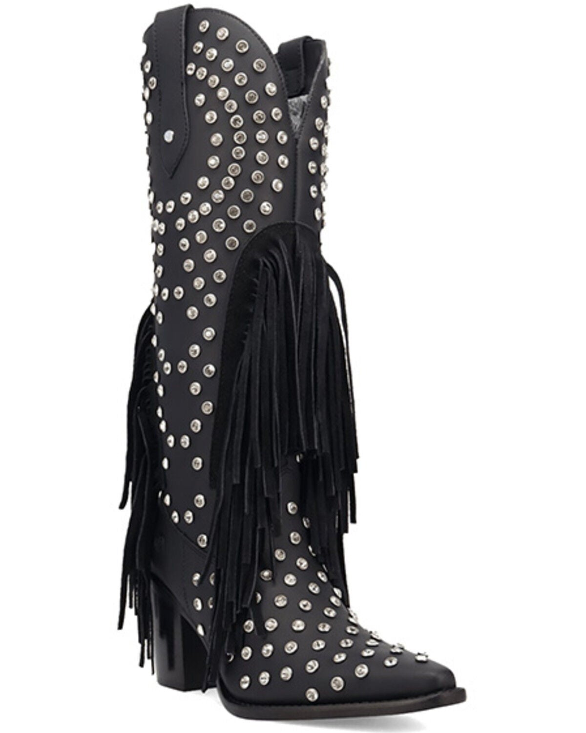 Image #1 - Dingo Women's Shoe Pony Fringe Rhinestone Tall Western Boots - Round Toe, Black, hi-res