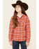 Image #1 - Roper Girls' Plaid Print Thermal Lined Snap-Front Hooded Shacket , Orange, hi-res