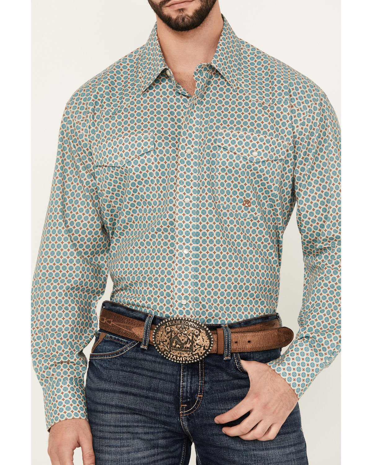 Image #3 - Roper Men's Amarillo Geo Print Long Sleeve Pearl Snap Western Shirt, Teal, hi-res