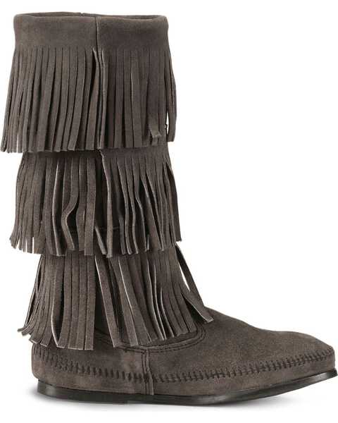 Image #2 - Minnetonka Women's Tall Fringed Boots - Round Toe, Grey, hi-res